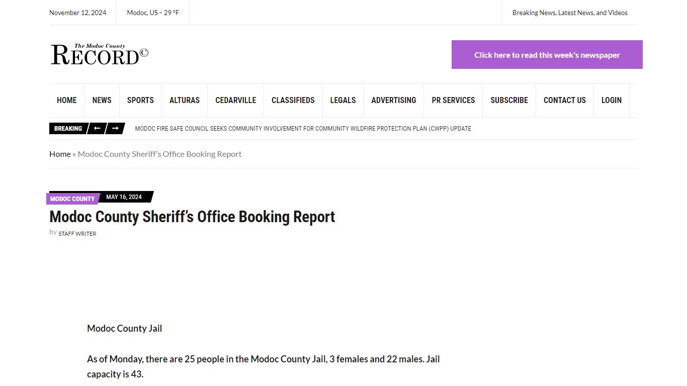 Modoc County Sheriff’s Office Booking Report