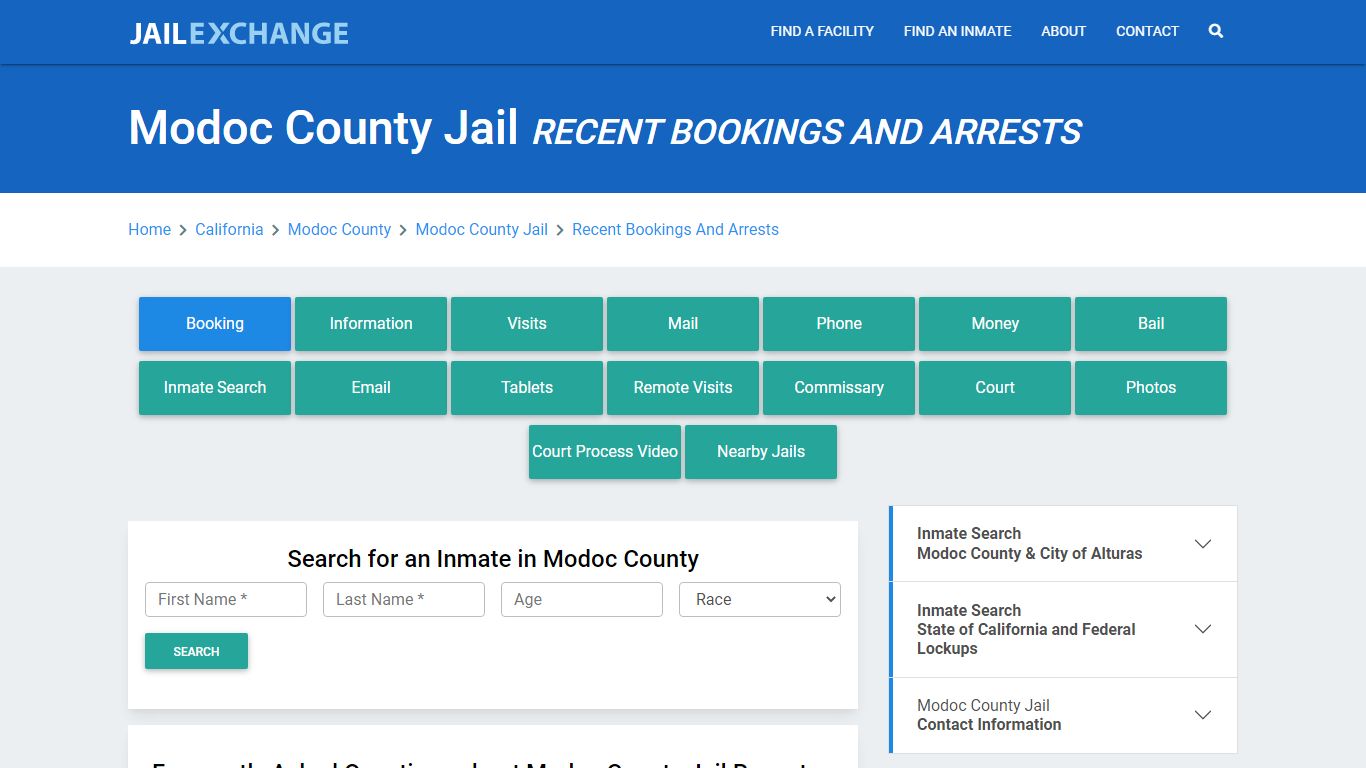 Modoc County Jail Recent Bookings And Arrests - Jail Exchange